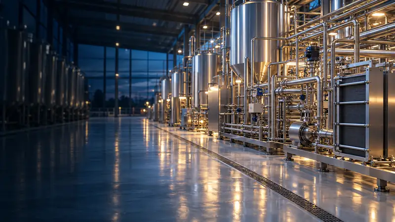 A modern dairy and beverage processing hall with stainless-steel tanks and sanitary pipework