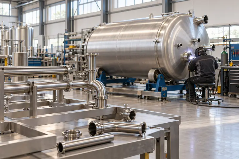 A stainless-steel fabrication workshop with a jacketed process tank on rollers and sanitary pipe spools